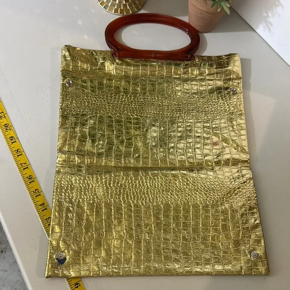 Vintage Gold Faux Croc Handbag with Amber Lucite Handle | Retro Glam Purse | Sta